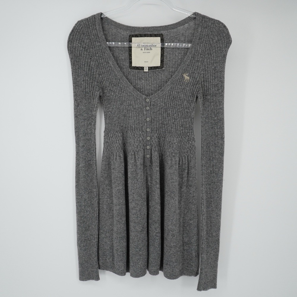Vintage Abercrombie & Fitch Babydoll‎ Sweater Small Long Sleeve Button Gray Y2K